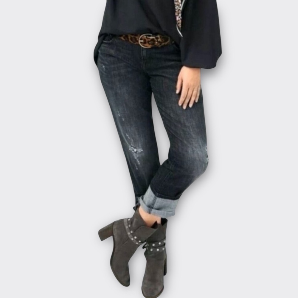 cAbi Jeans Slim Boyfriend #3749 Kate Shadow Wash Black Stretch Denim Distress 12